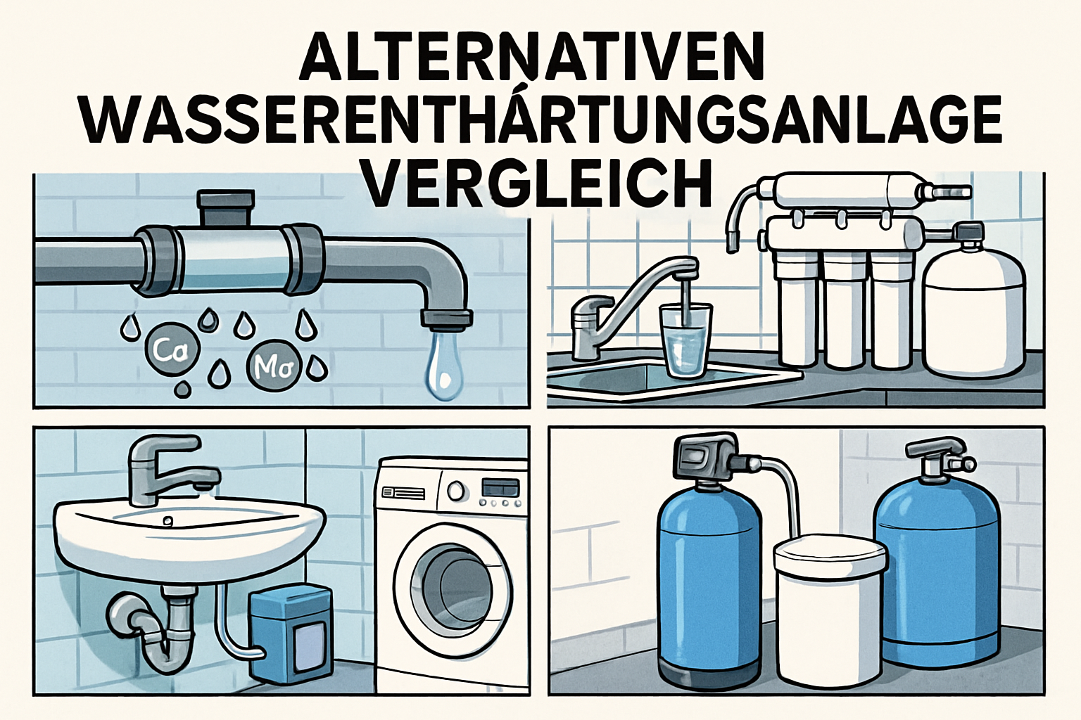 Verschiedene Alternativen zur Wasserenthärtungsanlage im Vergleich nebeneinander