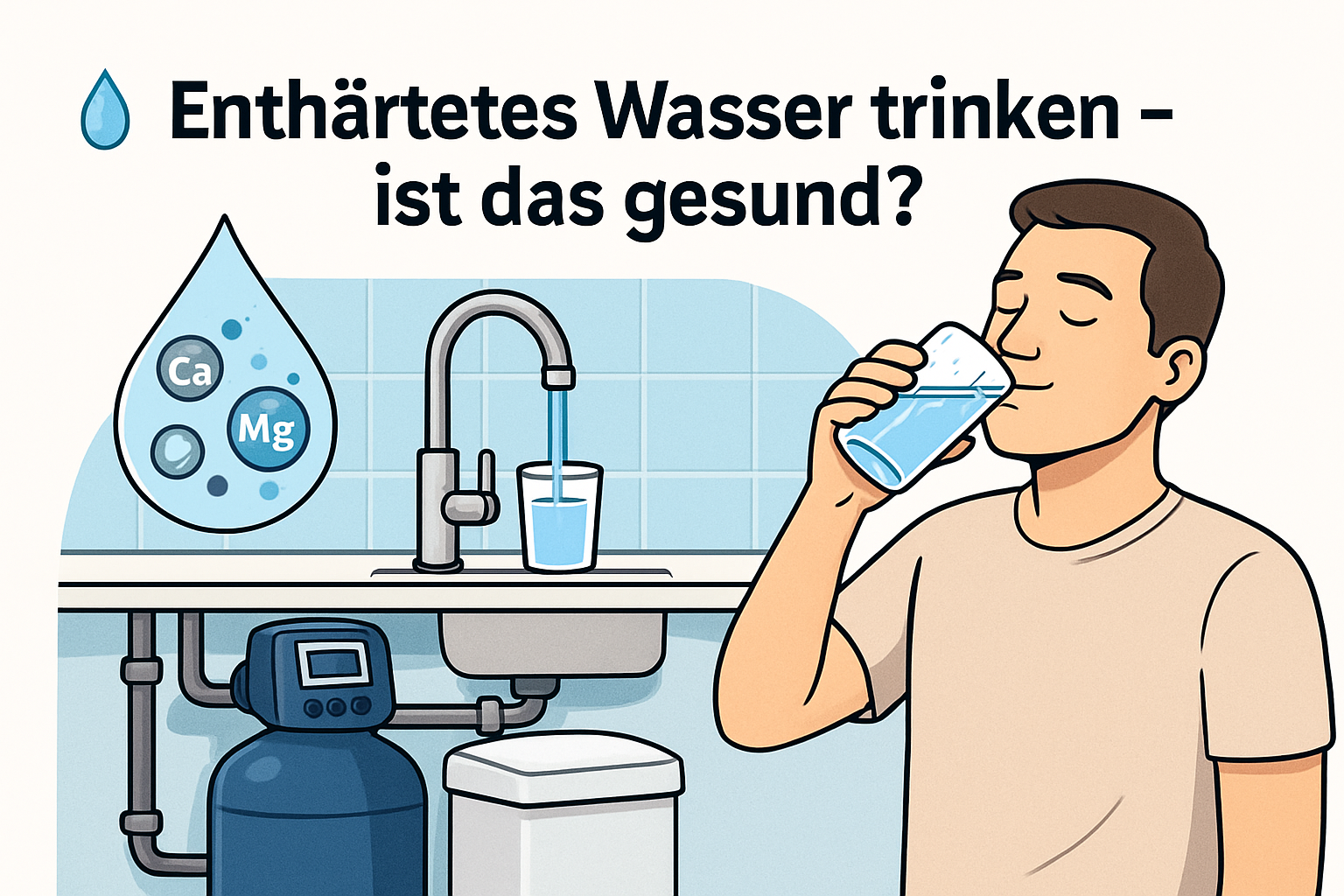 Person füllt Glas mit enthärtetem Wasser aus dem Wasserhahn in moderner Küche