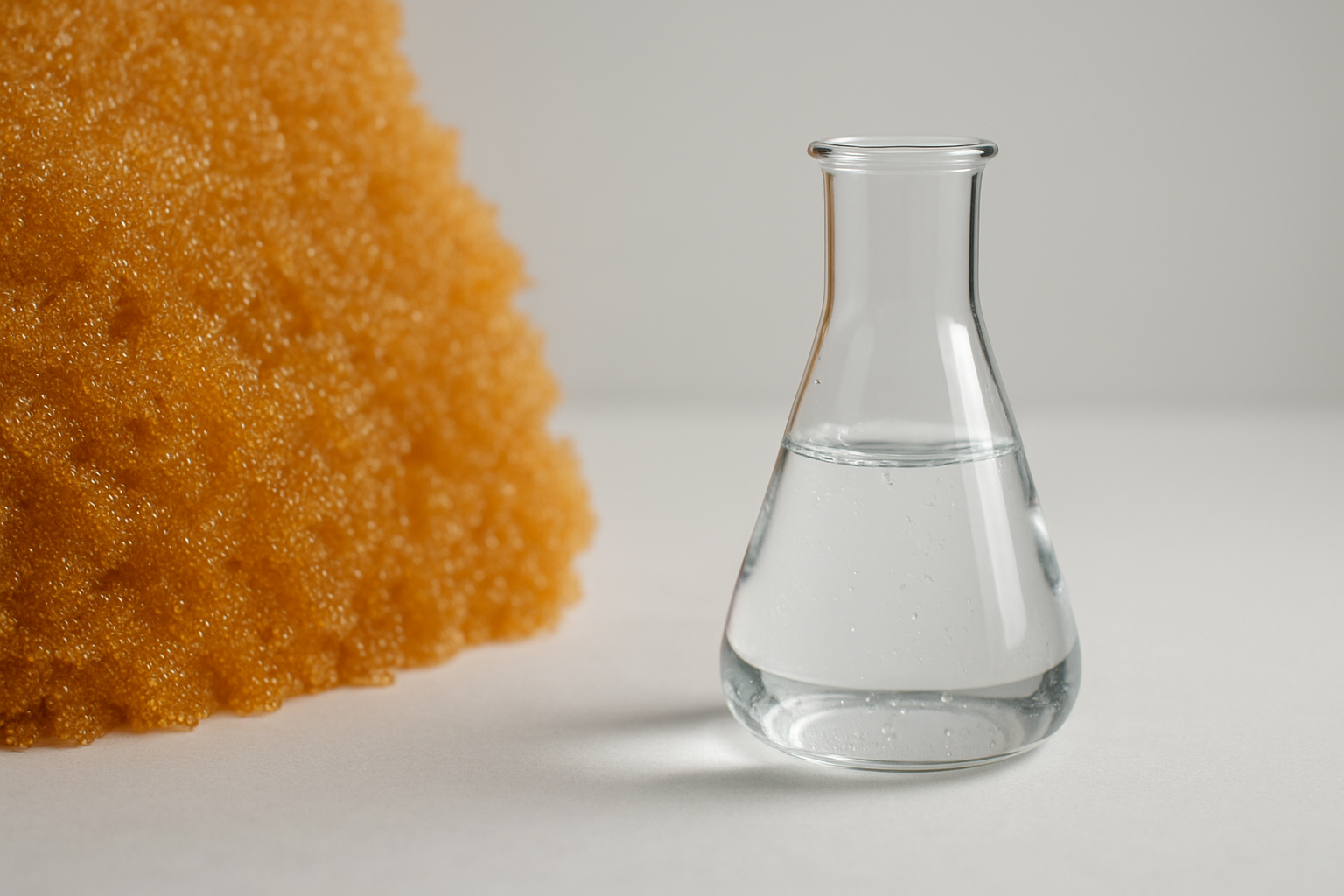 Schematische Darstellung eines Ionenaustauschers mit Harzbett und Durchfluss von hartem zu weichem Wasser