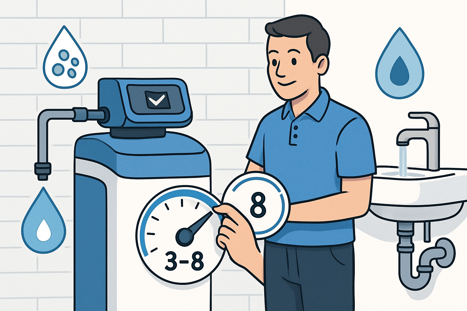 Digitales Bedienpanel einer modernen Wasserenthärtungsanlage zeigt Resthärte-Einstellungen