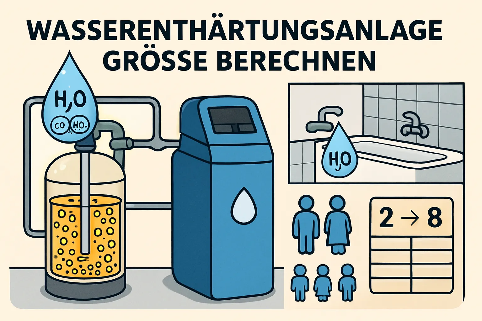 Technische Zeichnung zeigt verschiedene Größen von Wasserenthärtungsanlagen mit Maßangaben