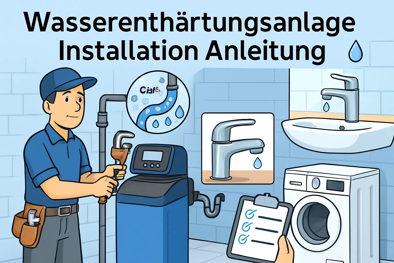 Fachmann installiert eine Wasserenthärtungsanlage im Keller mit Rohrleitungen und Werkzeug
