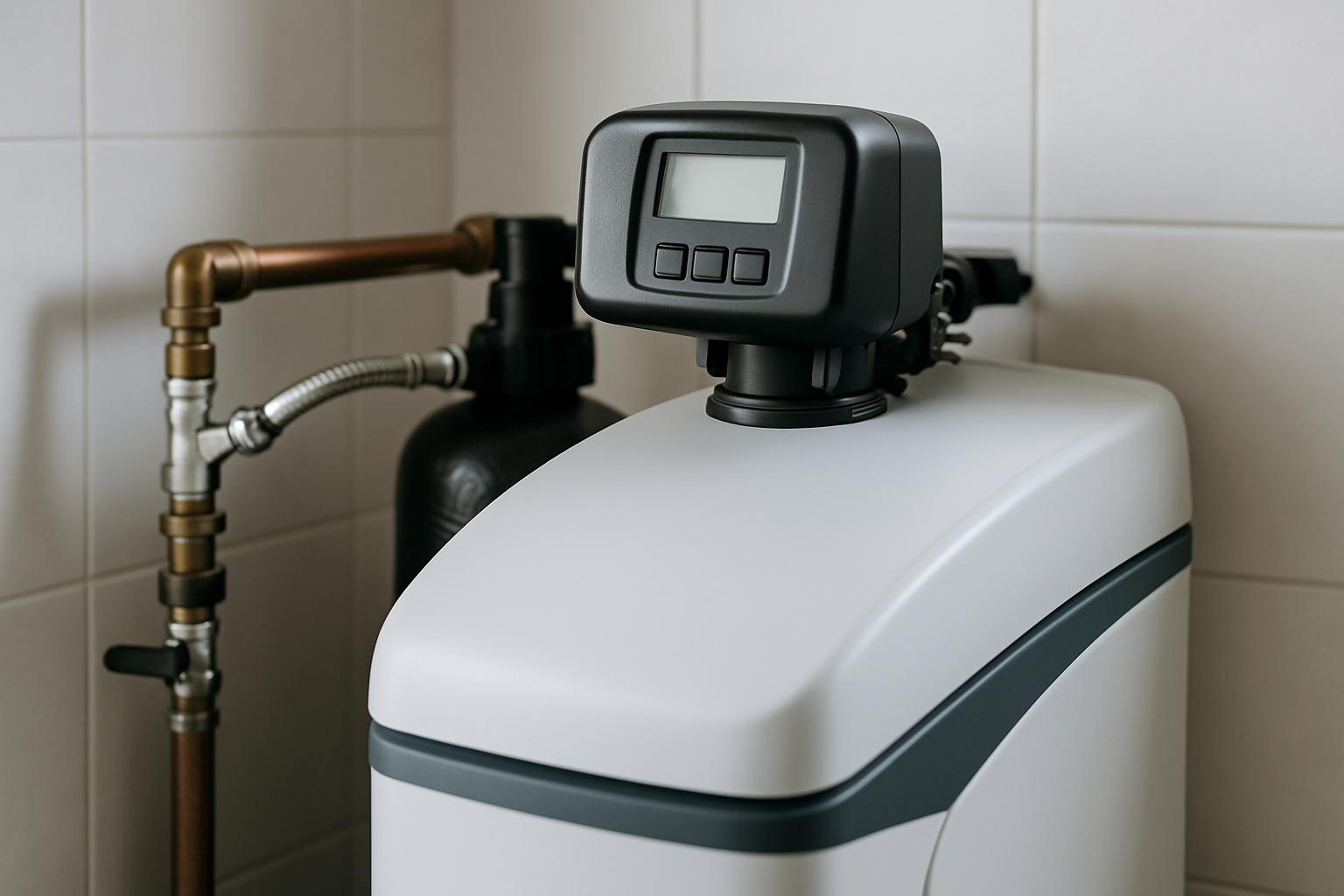 Moderne Wasserenthärtungsanlage im Keller eines Einfamilienhauses installiert