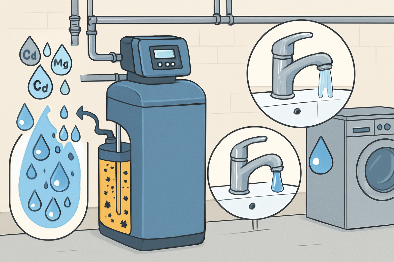 Gut gewartete Wasserenthärtungsanlage in einem Heizungsraum nach 15 Jahren Betrieb