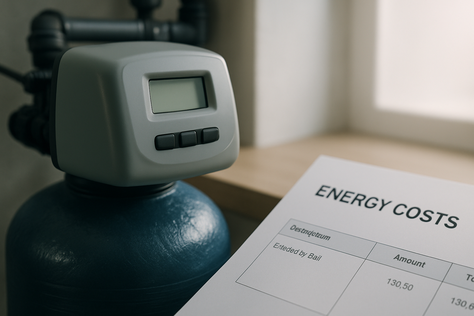 Moderne energieeffiziente Wasserenthärtungsanlage mit digitalem Display und Energieverbrauchsanzeige