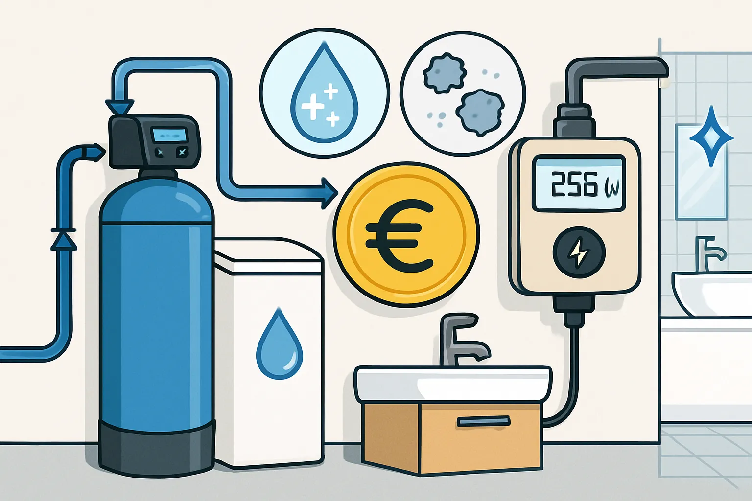 Moderne energieeffiziente Wasserenthärtungsanlage mit digitalem Display und Energieverbrauchsanzeige