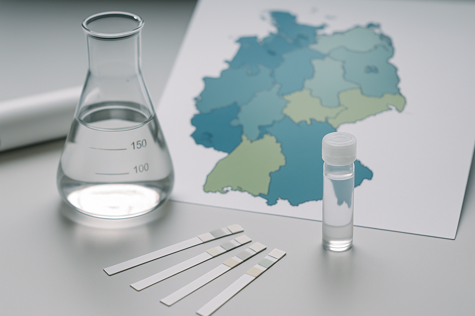Hand hält Wasserhärte-Teststreifen unter fließendes Wasser zur Messung des Härtegrads
