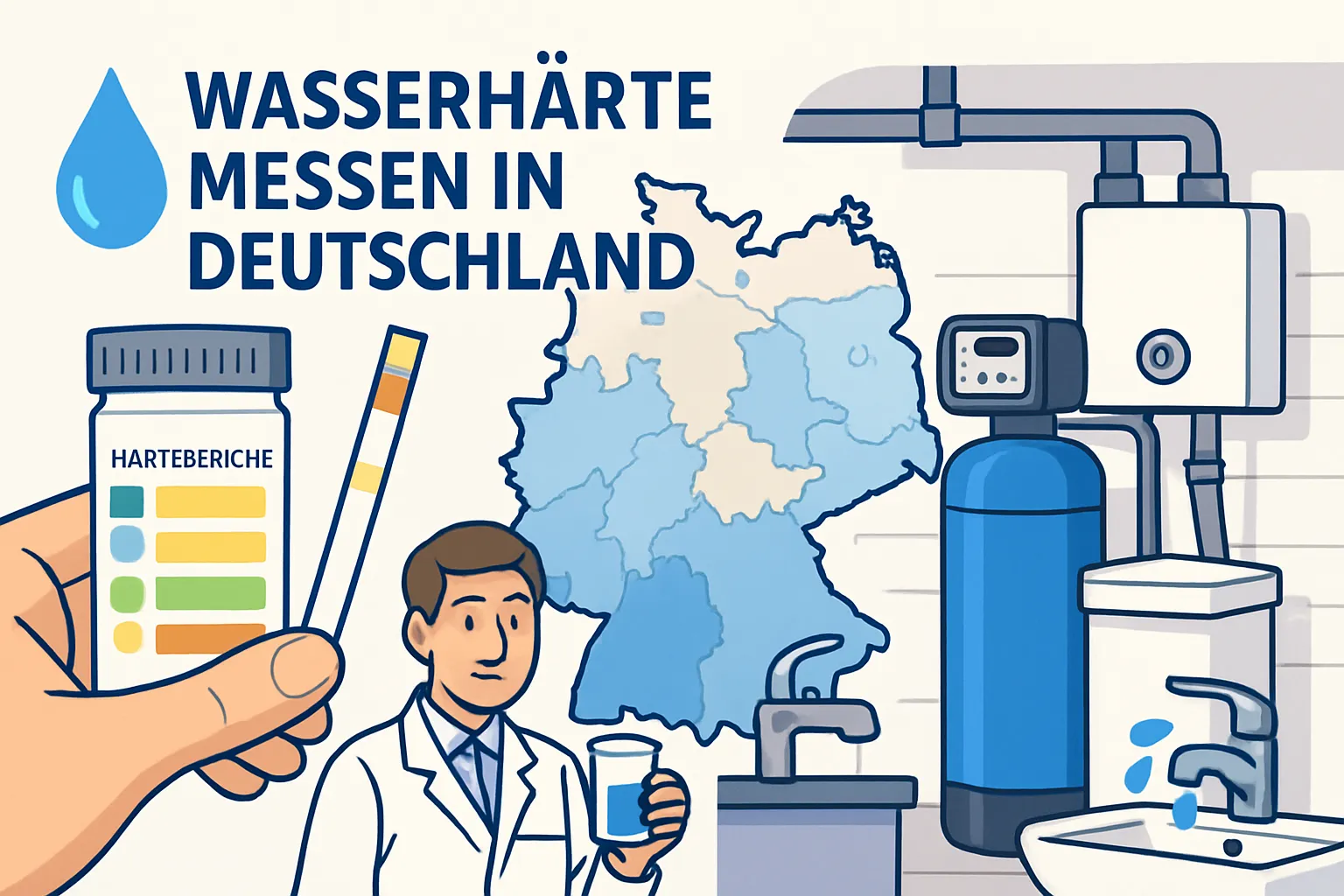 Hand hält Wasserhärte-Teststreifen unter fließendes Wasser zur Messung des Härtegrads
